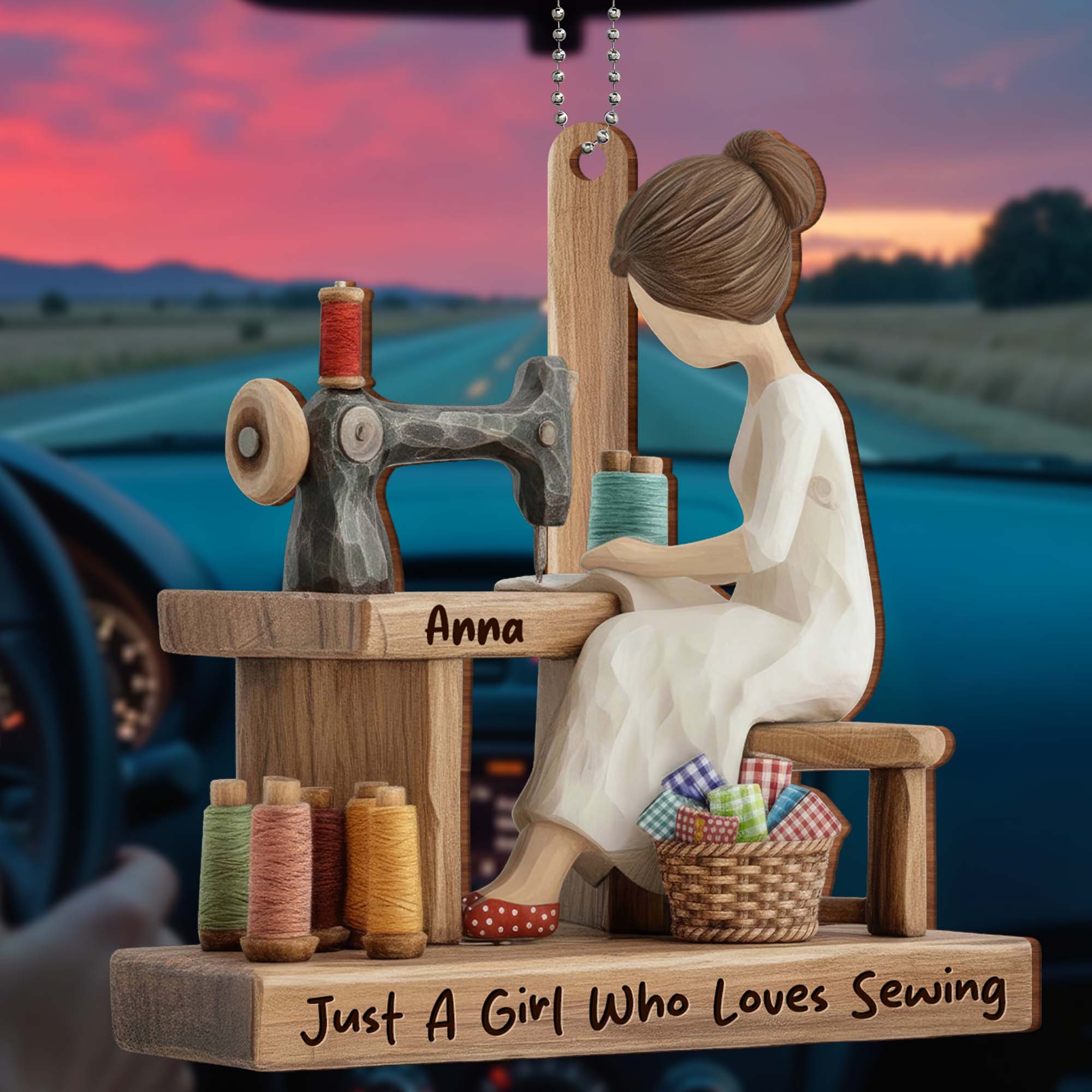 A girl who loves sewing - Personalized Custom Wood Ornament, Car Hanging Ornament