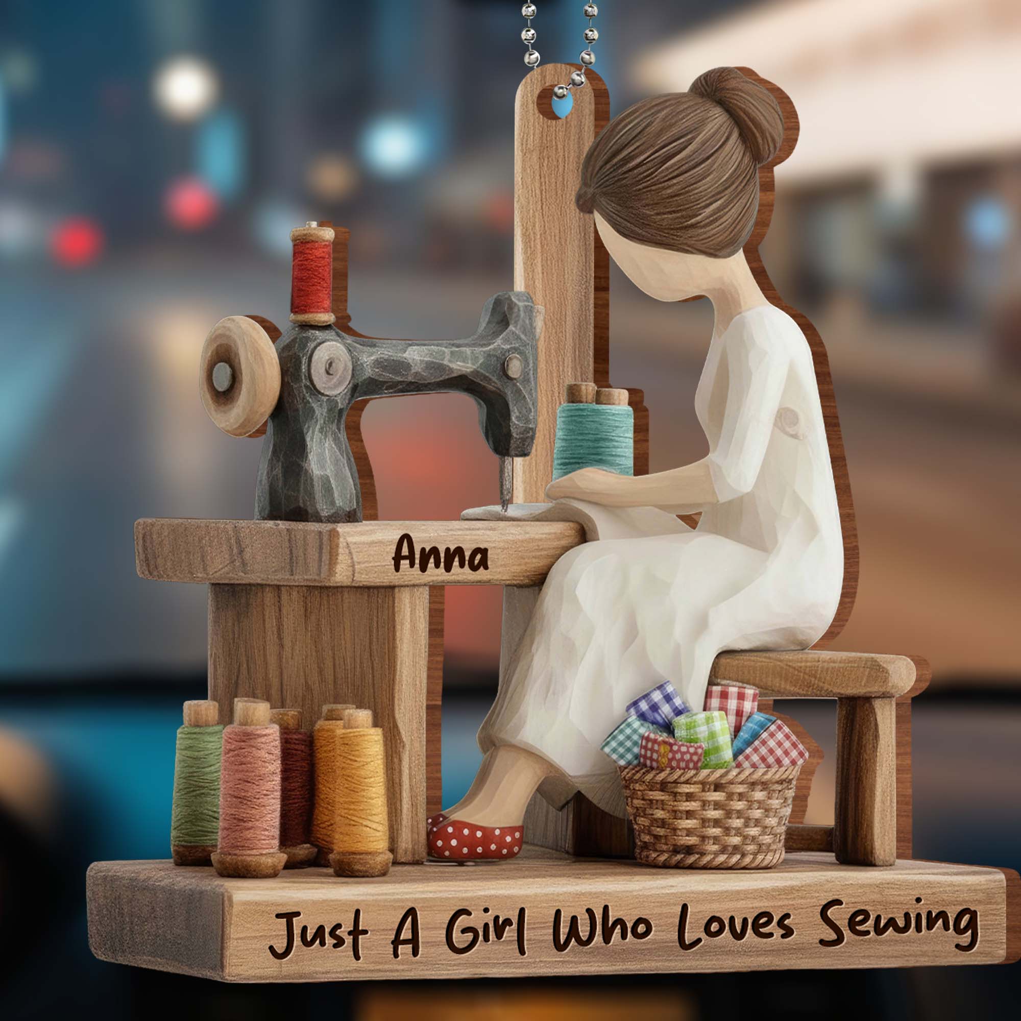 A girl who loves sewing - Personalized Custom Wood Ornament, Car Hanging Ornament