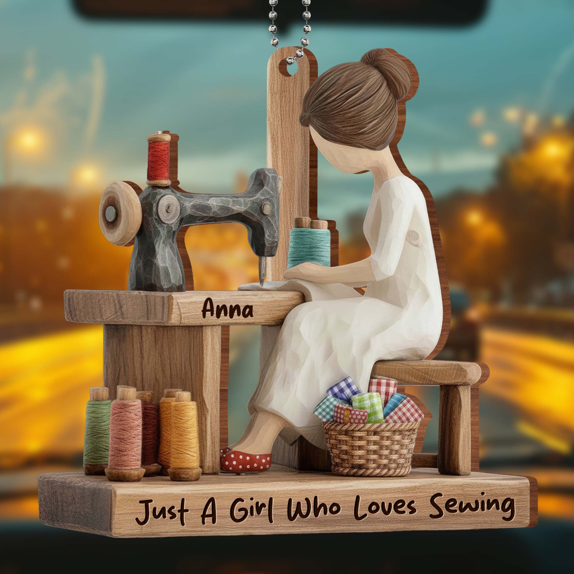 A girl who loves sewing - Personalized Custom Wood Ornament, Car Hanging Ornament